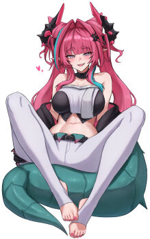 1girl :d arknights arknights:_endfield belt black_belt blush breasts commentary fang fangs_(fangs_art) hair_intakes highres horns large_breasts large_tail long_hair midriff navel open_mouth pink_hair purple_eyes sitting smile solo stirrup_legwear stomach strapless tail toeless_legwear tube_top twintails very_long_hair yvonne_(arknights)