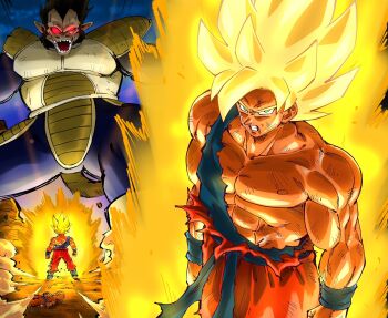 2boys abs alternate_universe aura blonde_hair blue_bodysuit blue_sash body_fur bodysuit brown_fur clenched_teeth dragon_ball dragon_ball:_sparking! dragonball_z highres kaiju male_focus medium_hair monkey multiple_boys multiple_views muscular muscular_male oozaru orange_pants pants rz28kp saiyan_armor sash shirt son_goku spiked_hair super_saiyan super_saiyan_1 teeth torn_clothes torn_shirt vegeta
