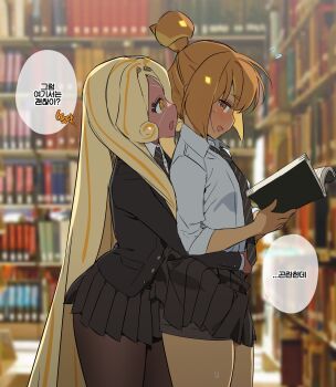 2girls :d @_@ backlighting bike_shorts bike_shorts_under_skirt black_jacket black_necktie black_pantyhose black_skirt blazer blonde_hair book bookshelf brown_eyes brown_hair collared_shirt cookie_run cookie_run:_ovenbreak cowboy_shot croissant_cookie curly_sidelocks dark-skinned_female dark_skin diagonal-striped_clothes diagonal-striped_necktie eyepatch flying_sweatdrops food-themed_hair from_side hair_bun hair_intakes hair_ornament highres holding holding_book hug hug_from_behind humanization indoors jacket korean_text layered_sleeves long_hair long_sleeves looking_at_another looking_back miniskirt multicolored_hair multiple_girls necktie ohta_guk_hip open_book open_mouth orange_eyes orange_hair pantyhose parted_bangs photo_background pleated_skirt profile school_uniform selfcest shirt short_hair sideways_mouth single_hair_bun skirt smile standing straight_hair streaked_hair striped_clothes sweat three-quarter_sleeves timekeeper_cookie translation_request two-tone_hair very_long_hair white_shirt yuri