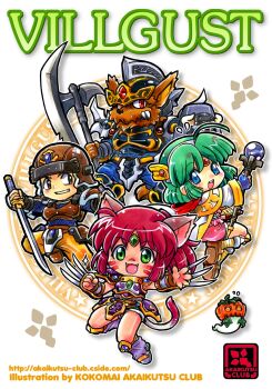 2boys 2girls ahoge armor artist_name axe battle_axe black_armor black_eyes blue_eyes blue_gloves blue_pants blue_shirt book boots bostov_(villgust) breastplate brown_boots cape chest_guard chibi circle_name circlet claw_(weapon) commentary_request copyright_name facial_mark fangs faulds fingerless_gloves fingernails furry furry_male ghost ghost_tail gloves green_eyes green_hair hairband helmet highres holding holding_axe holding_book holding_shield holding_staff holding_sword holding_weapon katana kokomahi kouryuu_densetsu_villgust looking_at_viewer looking_back medium_hair miniskirt multiple_boys multiple_girls murobo_(villgust) nail_polish open_book open_mouth pants pink_shirt pink_skirt ponytail pumpkin pumpkin_head purple_armor purple_boots purple_shirt red_eyes red_hair remi_(villgust) ryuquir_(villgust) sharp_fingernails shield shirt short_hair shoulder_armor skirt smile staff sword watermark weapon web_address white_cape white_hairband yellow_nails yellow_pants