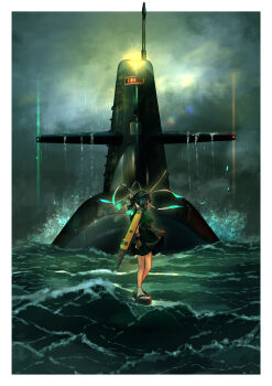 1girl absurdres bow_(weapon) flight_deck gloves green_hakama green_kimono hachimaki hair_ribbon hakama hakama_short_skirt hakama_skirt headband highres holding holding_bow_(weapon) holding_weapon japanese_clothes kantai_collection kimono ocean outdoors partially_fingerless_gloves partly_fingerless_gloves ribbon rigging skirt solo souryuu_(kancolle) souryuu_kai_ni_(kancolle) standing standing_on_liquid submarine timmyyen twintails watercraft weapon white_ribbon yugake yumi_(bow)