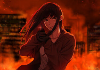 1girl brown_eyes building burning burning_building chainsaw_man city crying crying_with_eyes_open destruction finger_gun fire grey_jacket highres jacket long_hair looking_at_viewer matomo mitaka_asa outdoors shirt smoke solo tears white_shirt