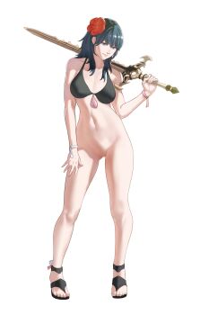 1girl absurdres bare_arms bare_legs bare_shoulders bikini bikini_top_only black_bikini blue_hair bottomless breasts closed_mouth collarbone commentary english_commentary eyelashes feet female_byleth_(fire_emblem) female_byleth_(summer)_(fire_emblem) fire_emblem fire_emblem:_three_houses fire_emblem_heroes flower full_body gluteal_fold gold_trim hair_flower hair_ornament hand_up highres holding holding_sword holding_weapon large_breasts legs looking_at_viewer medium_hair navel nintendo official_alternate_costume over_shoulder pomelomelon pussy red_flower sandals shadow simple_background solo standing stomach swimsuit sword sword_of_the_creator sword_over_shoulder toenails toes weapon weapon_over_shoulder white_background