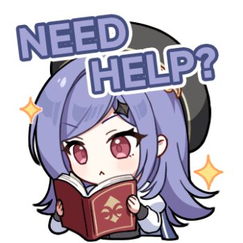 1girl :< book closed_mouth commentary english_commentary english_text holding holding_book iris_(stella_sora) juliet_sleeves long_hair long_sleeves lowres official_art open_book pink_eyes puffy_sleeves purple_hair reading shirt simple_background solo sparkle stella_sora transparent_background white_shirt