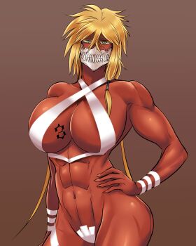 1girl abs bare_shoulders black_tape_project bleach blonde_hair breast_tattoo breasts collarbone colored_eyelashes dark-skinned_female dark_skin espada female_focus green_eyes hand_on_own_hip highres large_breasts looking_at_viewer mask medium_hair navel number_tattoo simple_background soyuz001 stomach tattoo tier_harribel toned toned_female