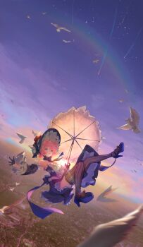 1girl absurdres ahoge backlighting bare_shoulders bird blue_eyes breasts cityscape dove flying frilled_hat frills gloves half_gloves hat high_heels highres holding holding_umbrella lolita_fashion maid medium_breasts multicolored_eyes original pink_eyes pink_hair shoes short_hair solo tanji_maketu thighhighs twilight umbrella