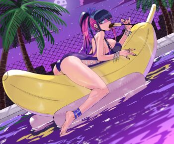 1girl anklet banana black_hair bracelet breasts chain-link_fence chocolate-covered_food chocolate_banana commentary earrings english_commentary fence food fruit full_body green_eyes highres inflatable_toy innertube jewelry large_breasts moon multiple_rings night night_sky one-piece_swimsuit palm_tree panty_&amp;_stocking_with_garterbelt pink_hair pool ring sky solo stocking_(psg) swim_ring swimsuit tree wanderjegson