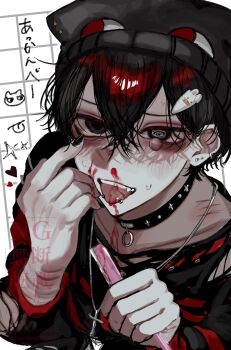 1boy :p @_@ aegyo_sal beanie black_eyes black_hair blood choker clenched_hand commentary_request cross_pendant crossed_bangs double-parted_bangs earrings eyelid_pull from_above hair_between_eyes hair_ornament hat highres holding_razor_blade hosikage4040 jewelry looking_at_viewer male_focus nosebleed o-ring o-ring_choker original partially_shaded_face piercing rabbit_hair_ornament razor_blade scar scar_on_arm self-harm short_hair sitting solo striped_clothes striped_sweater sweater tongue tongue_out tongue_piercing translation_request wrist_cutting