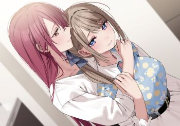 2girls blue_hair blue_shirt breasts brown_hair chigusa_minori commentary_request earrings hug hug_from_behind jewelry long_hair medium_breasts mishima_yukinobu multiple_girls official_art red_hair second-party_source shirt tatsuhime_rabu three-quarter_sleeves watashitachi_fake_marriage? white_shirt yellow_eyes yuri