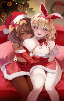 2girls bare_shoulders blonde_hair breasts brown_hair christmas_tree christmas_wreath cleavage commentary couch dark-skinned_female dark_skin dress english_commentary goddess_of_victory:_nikke hat highres hug huge_breasts medium_hair multiple_girls naga_(nikke) on_couch open_mouth purple_eyes red_dress red_ribbon red_skirt ribbon santa_costume santa_dress santa_hat skirt thighhighs thighs tia_(nikke) uyuri_(89976220) w white_thighhighs wreath yellow_eyes