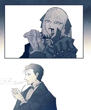 1boy 1girl black_hair blood blood_from_mouth blood_on_face bow bowtie commentary_request crying crying_with_eyes_open death fate/grand_order fate_(series) flashback formal_clothes gloves gupaon hair_between_eyes hair_ornament hair_ribbon helena_blavatsky_(fate) holding_hands looking_at_viewer monochrome ribbon sherlock_holmes_(fate) short_hair smoke smoking smoking_pipe suit tears