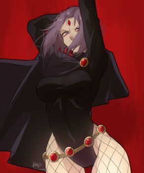 1girl black_leotard cape cloak colored_skin commentary dc_comics english_commentary fishnets forehead_jewel grey_skin hallojigsawpanda highres leotard purple_cape purple_cloak purple_hair purple_lips raven_(dc) red_background serious simple_background sleeved_leotard solo superhero_costume teen_titans