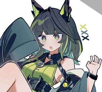 1girl :o ahoge animal_ears arknights bare_shoulders black_hair blush breasts collar dress green_dress green_eyes green_hair jacket long_sleeves looking_at_viewer medium_breasts mon3tr_(arknights) multicolored_hair nuggetkouhai off_shoulder open_clothes open_mouth shirt short_hair simple_background sleeveless solo streaked_hair surprised upper_body white_background