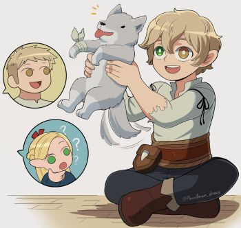 1girl 2boys ? afterimage animal blonde_hair braid brown_hair commentary crown_braid dungeon_meshi english_commentary green_eyes heterochromia highres holding holding_animal if_they_mated indian_style laios_touden marcille_donato multiple_boys open_mouth pencilman_draws pointy_ears pouch raised_eyebrow signature sitting smile tail tail_wagging thinking torn_clothes torn_sleeves twitter_username wolf