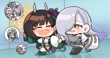2girls archer_(fate) asclepius_(fate) asclepius_(first_ascension)_(fate) biscione_(fate) biscione_(second_ascension)_(fate) boots boudica_(fate) brown_hair chibi commentary_request dragon_horns earrings elizabeth_bathory_(brave)_(fate) elizabeth_bathory_(fate) fang fate/grand_order fate_(series) glasses green_jacket green_necktie grey_hair hair_over_one_eye highres horns jacket jewelry kurohime_(second_ascension)_(fate) long_hair medusa_(fate) medusa_(rider)_(fate) mrs._snake_(fate) multiple_girls necktie rameko1012 sleeves_past_fingers sleeves_past_wrists spoken_character thighhighs white_thighhighs yellow_eyes