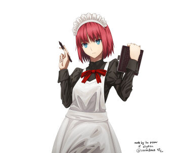 Rule 34 | 1girl, absurdres, apron, blue eyes, bow, bowtie, darling itf, drawing tablet, highres, hisui (tsukihime), holding, holding drawing tablet, holding pen, long sleeves, looking at viewer, maid, maid apron, maid headdress, pen, red bow, red bowtie, red hair, short hair, solo, tsukihime, wacom, white apron, white background