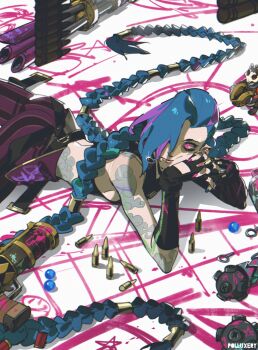 Rule 34 | 1girl, absurdres, arcane: league of legends, arcane jinx, artist name, bare shoulders, blue hair, braid, bullet, closed mouth, explosive, grenade, grenade pin, grenade pin in mouth, gun, highres, jinx (league of legends), league of legends, light machine gun, long hair, loose hair strand, lying, machine gun, mouth hold, on stomach, own hands together, pants, pink eyes, polluxery, shirt, sleeveless, sleeveless shirt, solo, striped clothes, striped pants, twin braids, very long hair, weapon