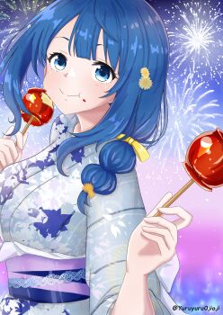 1girl absurdres aerial_fireworks animal aqua_kimono blue_eyes blue_hair blush breasts candy_apple chewing closed_mouth commentary_request eating fireworks fish floral_print floral_print_kimono food highres holding holding_candy_apple holding_food japanese_clothes kimono make_heroine_ga_oo_sugiru! medium_breasts medium_hair print_kimono smile solo yanami_anna yukata yuruku_ikiru_ojisan