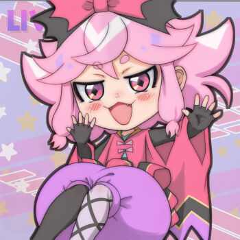 1girl :3 akumaro_(mashin_souzouden_wataru) black_bow black_gloves black_pantyhose bloomers blue_background blush bow corruption dark_persona diamond-shaped_pupils diamond_(shape) fangs fingerless_gloves gloves grey_pantyhose hair_bow highres japanese_clothes kimono long_sleeves looking_at_viewer maro_(mashin_souzouden_wataru) mashin_eiyuuden_wataru mashin_souzouden_wataru open_mouth pantyhose pink_bow pink_hair pink_kimono purple_bloomers red_eyes short_hair sitting smile star_(symbol) star_symbol_background symbol-shaped_pupils t_jiroo_(ringofriend) two-tone_pantyhose underwear wide_sleeves