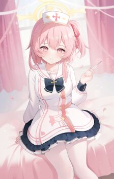 Rule 34 | 1girl, absurdres, bed sheet, blue archive, blush, breasts, closed mouth, curtains, dress, feather hair, feathers, frilled dress, frills, hair between eyes, halo, hand up, hat, highres, holding, holding thermometer, kooriais, long sleeves, looking at viewer, medium breasts, nurse cap, on bed, one side up, pantyhose, pink eyes, pink feathers, pink hair, pink petals, puffy long sleeves, puffy sleeves, sailor collar, sailor dress, serina (blue archive), short hair, sitting, smile, solo, thermometer, white dress, white pantyhose, white sailor collar, yellow halo