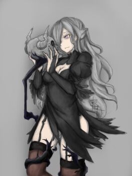 1girl black_dress breasts cleavage dress fatuus female_focus garter_straps grey_background grey_hair hair_over_one_eye highres holding holding_skull lolita_fashion long_hair maria_goodhope original pale_skin pink_eyes signature simple_background sketch skull smirk solo tendrils thighhighs zettai_ryouiki