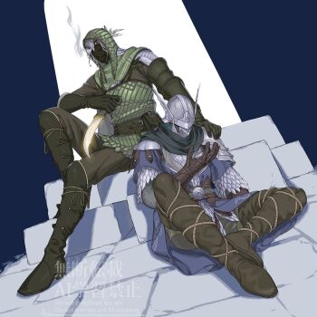 2boys arizuka_(catacombe) armor black_boots black_gloves black_pants blue_cape boots cape chainmail commentary_request elden_ring elden_ring_nightreign gloves hand_on_another&#039;s_shoulder helm helmet highres holding holding_knife holding_weapon hood ironeye_(elden_ring) knife knight male_focus multiple_boys pants pauldrons shoulder_armor sitting weapon winged_helmet wylder_(elden_ring)