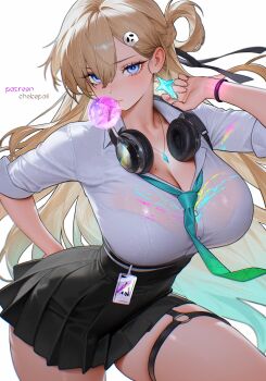 1girl aqua_necktie arm_behind_back black_skirt blonde_hair blowing_bubble_gum blue_eyes bra_visible_through_clothes bracelet breasts chewing_gum chokopaii cleavage collared_shirt colored_tips commentary dress_shirt earrings garter_straps graffiti hair_behind_ear hair_ornament headphones headphones_around_neck high-waist_skirt highres id_card jewelry large_breasts looking_at_viewer loose_necktie lynae_(wuthering_waves) miniskirt mole mole_on_chest multicolored_hair necklace necktie partially_unbuttoned patreon_username pleated_skirt school_uniform shirt shirt_tucked_in simple_background skirt skull_hair_ornament sleeves_rolled_up solo star_(symbol) star_earrings thigh_strap white_background white_shirt wuthering_waves