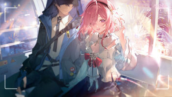 1boy 1girl absurdres aether_gazer artist_request black_hair black_hairband black_necktie black_pants black_skirt bow braid character_request collared_shirt copyright_name fingerless_gloves fireworks gloves hair_over_one_eye hairband highres hood hooded_jacket jacket necktie official_art open_mouth pants pink_bow pink_eyes pink_hair shirt skirt skuld_(aether_gazer) smile white_shirt