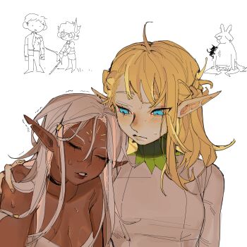 2girls 3boys absurdres ahoge blonde_hair blush braid breasts chibi chibi_inset cithis cleavage closed_eyes dark-skinned_female dark_elf dark_skin dungeon_meshi elf facial_mark forehead_mark gorget grey_hair half_up_braid highres kabru kazari_2001 laios_touden leaning_on_person long_hair lycion multiple_boys multiple_girls notched_ear partially_colored pattadol pointy_ears shirt simple_background sweat trembling white_background