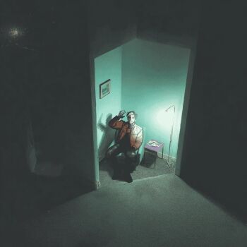 bat_signal batman_symbol bodysuit gloves grey_bodysuit indoors jason_todd jimjack_johnnie long_sleeves looking_at_viewer male_focus multicolored_bodysuit muscular muscular_male open_mouth red_hood_(dc) red_hood_and_the_outlaws short_hair sitting smile superhero_costume taut_bodysuit two-tone_bodysuit