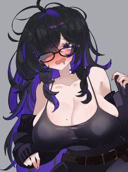 1girl ahoge bare_shoulders belt black-framed_eyewear black_cardigan black_dress black_hair blush breasts brown_belt cardigan cleavage collarbone colored_inner_hair commentary_request dress drooling eyelashes glasses goddess_of_victory:_nikke grey_background hair_intakes highres huge_breasts label_(nikke) long_hair long_sleeves looking_at_viewer mole mole_on_breast mouth_drool multicolored_hair off_shoulder open_cardigan open_clothes open_mouth purple_eyes purple_hair simple_background solo two-tone_hair uniofthedead