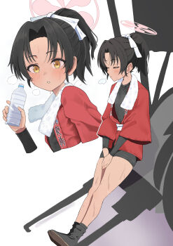 1girl absurdres bare_legs black_hair blue_archive blush boots bottle breath closed_eyes commentary_request halo happi highres holding holding_bottle japanese_clothes jika-tabi keke_(user_djyu7823) looking_at_viewer multiple_views open_happi parted_lips pink_halo ponytail red_happi resting rickshaw rickshaw_student_(blue_archive) simple_background sweat thighs towel towel_around_neck water_bottle white_background
