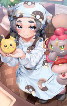 1girl absurdres ansha_(pokemon) apron black_hair blue_apron blue_eyes closed_mouth commentary_request donut_print eyelashes food_print gen_6_pokemon grey_shoes hands_up highres holding hoopa hoopa_(confined) leg_warmers legendary_pokemon long_hair long_sleeves mythical_pokemon nintendo pokemon pokemon_(creature) pokemon_legends:_z-a shirt shoes smile standing tabunshake