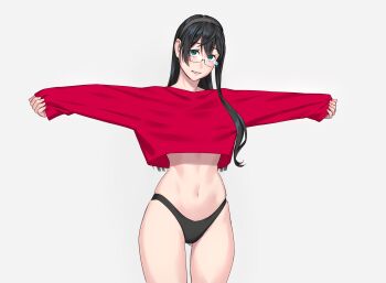 1girl alternate_costume black_hair black_panties commentary_request crop_top glasses gluteal_fold green_eyes grey_background grey_hairband hairband highres kantai_collection long_hair long_sleeves looking_at_viewer ooyodo_(kancolle) outstretched_arms panties simple_background sleeves_past_wrists solo spread_arms stomach underwear yuuji_(and)