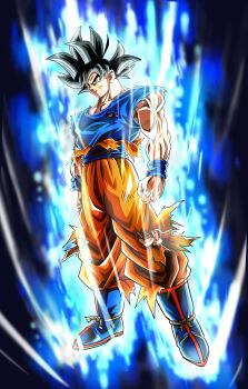 Rule 34 | 1boy, absurdres, armband, arms at sides, aura, biceps, black hair, blue armband, blue boots, blue shirt, boots, commentary request, dougi, dragon ball, dragonball z, glowing, grey eyes, grey streaks, highres, multicolored hair, muscular, muscular male, orange dougi, orange pants, pants, shirt, short sleeves, solo, son goku, spiked hair, streaked hair, torn clothes, torn pants, torn shirt, ultra instinct sign, yumegiwa-lastboy0112