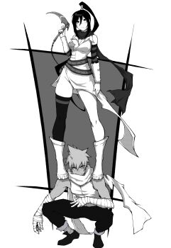 1boy 1girl :/ absurdres bandaged_arm bandages belt black_star boots chain commentary full_body greyscale highres holding holding_weapon kekel kusarigama looking_at_viewer monochrome nakatsukasa_tsubaki pants ponytail scarf shirt short_hair sickle single_thighhigh skindentation sleeveless sleeveless_shirt soul_eater spiked_hair squatting standing_on_person studded_belt symbol-only_commentary thighhighs thighs weapon white_background