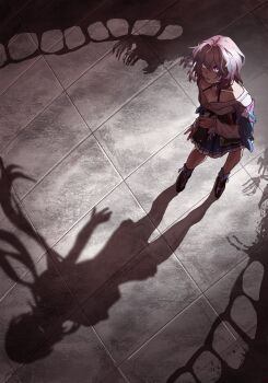 1girl ankle_boots black_boots black_overskirt blue_boots blue_eyes blue_jacket blue_skirt boots bra_strap breasts buttons cellphone check_commentary collarbone commentary_request different_shadow evernight_(honkai:_star_rail) flower_ornament fold-over_boots from_above full_body gradient_clothes gradient_jacket highres holding holding_phone honkai:_star_rail honkai_(series) jacket long_sleeves looking_at_viewer looking_up march_7th_(honkai:_star_rail) march_7th_(preservation)_(honkai:_star_rail) medium_breasts medium_hair miniskirt mitara_abunai2 multicolored_boots multicolored_eyes multicolored_jacket off-shoulder_jacket off_shoulder overskirt phone pink_eyes pink_hair pink_jacket pink_pupils pleated_skirt shirt skirt smartphone standing two-tone_boots two-tone_eyes two-tone_jacket white_shirt