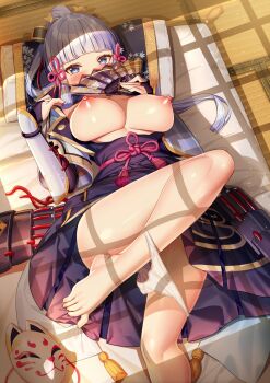 1girl akusema arm_guards armor ayaka_(genshin_impact) barefoot blue_hair blunt_bangs blush bow bow_panties breasts breasts_out commentary_request covering_own_mouth feet folding_fan fox_mask genshin_impact hair_ribbon hakama hakama_short_skirt hakama_skirt hand_fan highres holding holding_fan indoors japanese_clothes large_breasts light_blue_hair looking_at_viewer lying mask mole mole_under_eye nipples panties panty_pull ponytail ribbon skirt solo toes underwear white_panties
