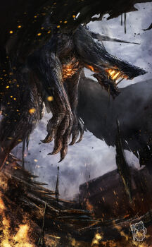 Rule 34 | absurdres, claws, dragon, dragon wings, fire, glowing, glowing eyes, gogmazios, highres, horns, monster, monster focus, monster hunter (series), monster hunter wilds, namami (namami0115), no humans, open mouth, orange eyes, sharp teeth, spikes, teeth, wings