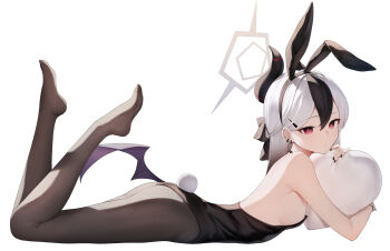 1girl absurdres alternate_costume animal_ear_hairband animal_ears backless_leotard black_hair black_horns black_leotard black_nails black_pantyhose blue_archive breasts closed_mouth commentary demon_girl demon_horns demon_wings ear_piercing earrings fake_animal_ears fake_tail feet_up from_side gradient_hair grey_halo hairband halo heart heart-shaped_pillow highres holding holding_pillow horns jewelry kayoko_(blue_archive) leotard long_hair looking_at_viewer lying multicolored_hair nail_polish no_shoes on_stomach pantyhose piercing pillow playboy_bunny purple_wings rabbit_ear_hairband rabbit_ears rabbit_tail red_eyes sido_(ama_r007) simple_background small_breasts solo strapless strapless_leotard tail the_pose white_background white_hair wings