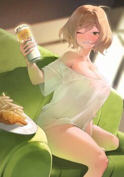 1girl absurdres alcohol anis_(nikke) asahi_breweries beer breasts brown_hair chicken_(food) cleavage couch foam food french_fries fried_chicken goddess_of_victory:_nikke grin hakkun270 highres large_breasts looking_at_viewer on_couch one_eye_closed plate shirt short_hair smile solo white_shirt