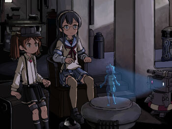 1other 2girls arm_warmers black_footwear black_hair black_skirt black_socks blue_eyes blue_sailor_collar blue_skirt brown_eyes brown_hair brown_legwear green_eyes hairband hologram kantai_collection kneehighs loafers long_hair long_sleeves magatama multiple_girls naka_(kancolle) one-hour_drawing_challenge ooyodo_(kancolle) parody pleated_skirt rensouhou-chan ryuujou_(kancolle) sailor_collar school_uniform semi-rimless_eyewear serafuku shirt shoes sitting sixten skirt socks star_wars star_wars:_a_new_hope suspenders thighhighs twintails under-rim_eyewear visor_cap white_hairband white_shirt