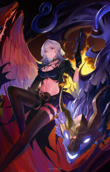 1girl absurdres artist_name black_gloves black_jacket black_pantyhose black_shorts black_thighhighs blue_bra bra breasts chimera_(wuthering_waves) cleavage closed_mouth commentary cropped_jacket feathered_wings galbrena_(wuthering_waves) gloves gold_choker grey_hair gun hair_between_eyes hand_up highres holding holding_gun holding_weapon jacket medium_breasts medium_hair navel pantyhose purple_eyes rakizuuu shorts single_leg_pantyhose single_thighhigh single_wing solo stomach tacet_discord_(wuthering_waves) thigh_strap thighhighs underwear weapon white_wings wings wuthering_waves