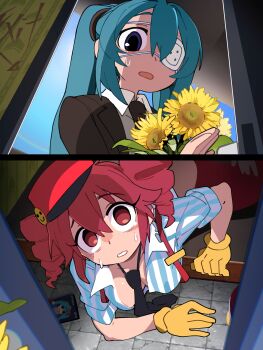 2girls absurdres aqua_hair black_necktie blue_eyes bongftah breasts cleavage commentary drill_hair eyepatch flower gloves hat hatsune_miku highres kasane_teto looking_at_viewer medium_breasts multiple_girls necktie open_mouth red_eyes red_hair red_hat shirt striped_clothes striped_shirt sunflower symbol-only_commentary twin_drills utau vocaloid yellow_gloves