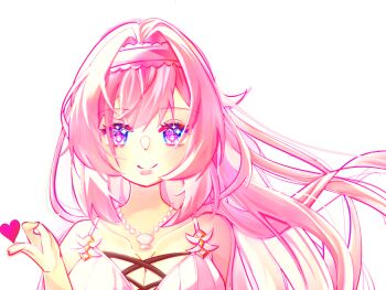 1girl bare_shoulders blue_eyes breasts chinese_commentary cleavage commentary_request commission elysia_(honkai_impact) elysia_(miss_pink_elf)_(honkai_impact) elysia_(summer_miss_elf)_(honkai_impact) hairband heart honkai_(series) honkai_impact_3rd jewelry large_breasts long_hair looking_at_viewer necklace official_alternate_costume pink_hair shell shell_necklace simple_background solo upper_body very_long_hair white_background yingjingxue90662