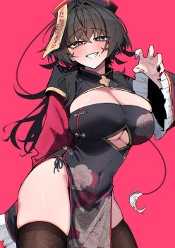 1girl absurdres black_dress black_hair black_hat black_thighhighs blue_eyes breasts china_dress chinese_clothes cleavage clenched_teeth commentary_request covered_navel dress fingernails grin hat highres large_breasts long_hair looking_at_viewer mole mole_under_mouth multicolored_nails nail_polish ofuda original pelvic_curtain qingdai_guanmao red_background saono_suzu_(warabi_mochi_(w4rabimochi)) simple_background smile solo standing teeth thighhighs thighs warabi_mochi_(w4rabimochi)