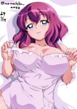 1girl blue_eyes breasts camisole camisole_pull clothes_pull dot_nose double-parted_bangs fingernails henrietta_de_tristain large_breasts looking_at_viewer lying nafta parted_lips pulling_own_clothes solo twitter_username zero_no_tsukaima
