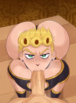 2boys :o all_fours ass blonde_hair blush clothed_male_nude_male clothed_sex clothes detnox ear_piercing fellatio giorno_giovanna green_eyes highres huge_ass jojo_no_kimyou_na_bouken large_penis looking_at_viewer multiple_boys nude open_mouth oral penis piercing pov short_hair testicles veins veiny_penis yaoi