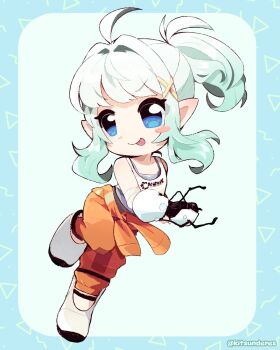 1girl :p ahoge aperture_science_handheld_portal_device aqua_hair blue_background blue_eyes chell chell_(cosplay) chibi commentary cosplay english_commentary full_body gradient_hair highres indie_virtual_youtuber kitchupsandwich long_fall_boots_(portal) long_hair mint_fantome multicolored_hair orange_pants pants pointy_ears ponytail portal_(series) smile solo tank_top tongue tongue_out virtual_youtuber white_hair white_tank_top