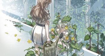 2girls absurdres bang_dream! bang_dream!_it's_mygo!!!!! brown_hair chinese_commentary commentary_request cucumber cucumber_flower cucumber_plant dress green_hair hand_on_own_arm highres holding holding_watering_can long_hair multiple_girls nagasaki_soyo overgrown school_uniform sidelocks sitting standing tsukinomori_school_uniform wakaba_mutsumi watering_can white_dress zhong_er_bing